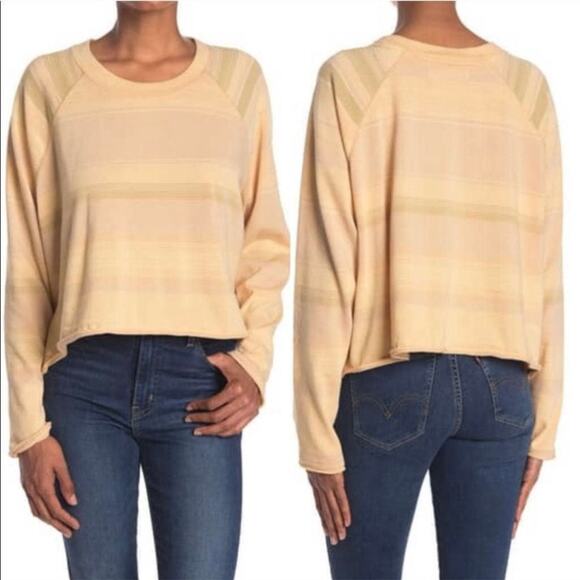 FREE PEOPLE WE THE FREE Baja Stripe Long Sleeve Crop Tee Womens Large Prosecco - Picture 3 of 15
